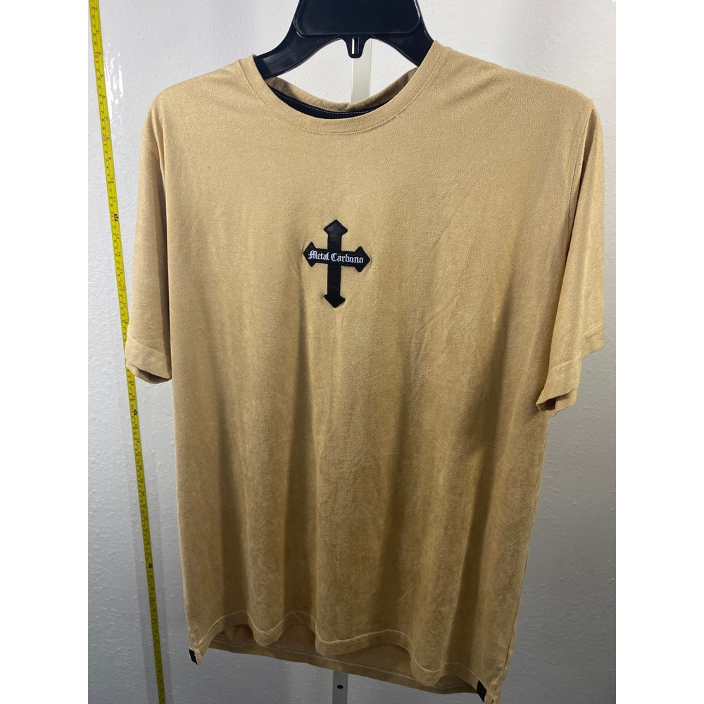 Metal Carbono Mens Tan Faux Suede Gothic Cross Graphic T-Shirt Streetwear New
